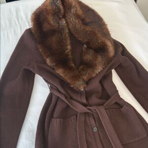 RLL Wool Cashmere knit Brown Sweater Coat removable Faux Fur Collar M